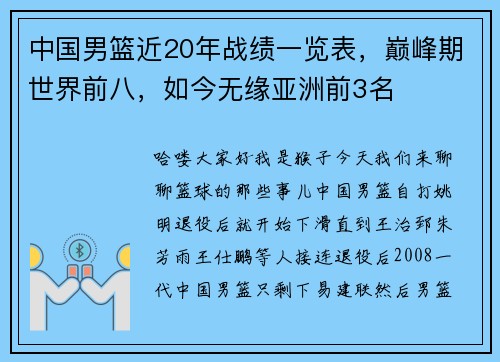 中国男篮近20年战绩一览表，巅峰期世界前八，如今无缘亚洲前3名