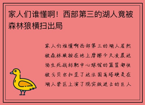 家人们谁懂啊！西部第三的湖人竟被森林狼横扫出局