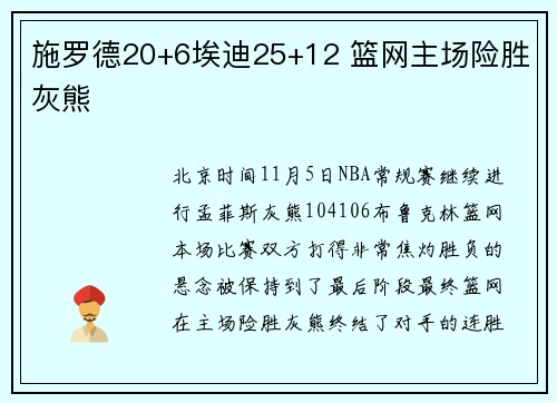 施罗德20+6埃迪25+12 篮网主场险胜灰熊